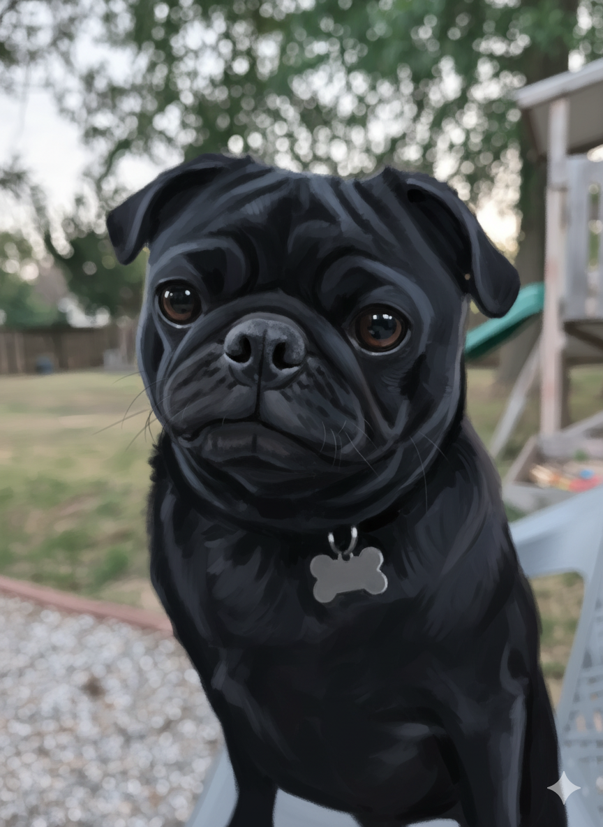 Sad Pug with big glossy eyes looking directly at camera